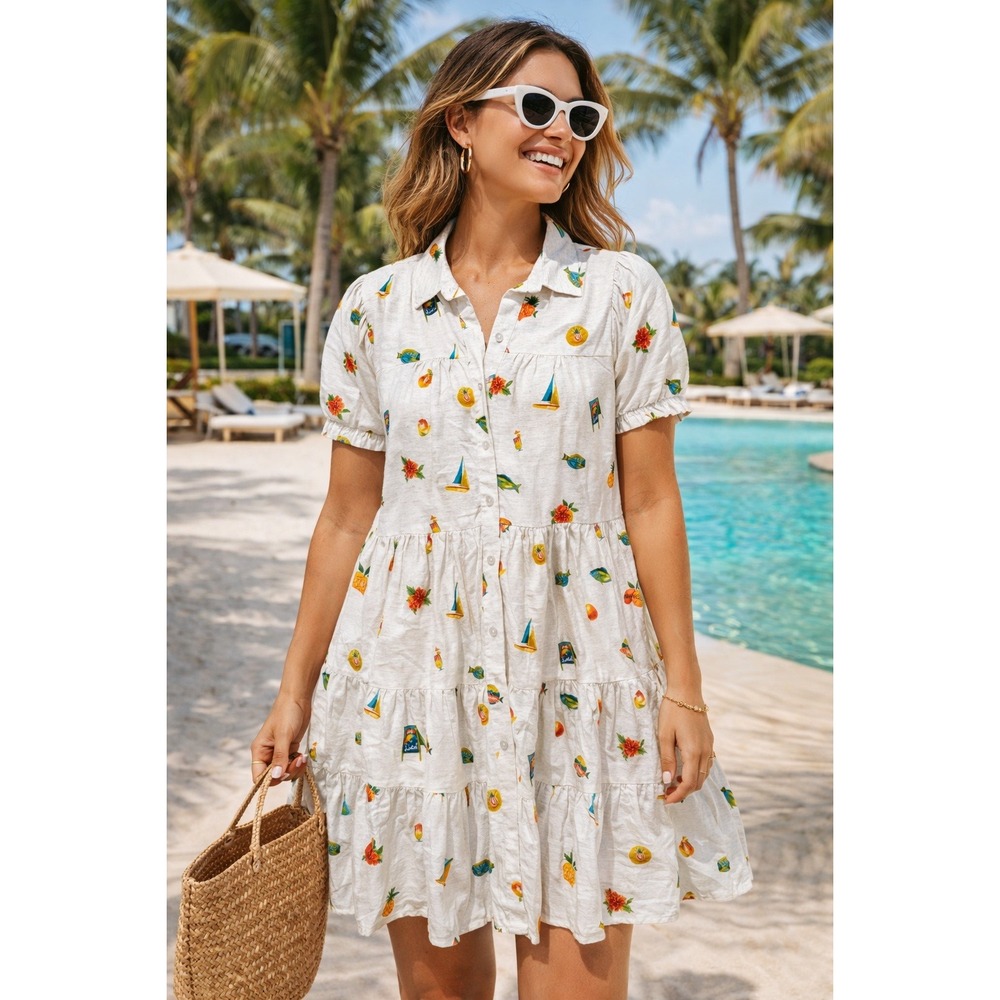 Jane + Delancey Women Shirt Dress Ivory Tropical Vacation Print NWT Medium Rayon